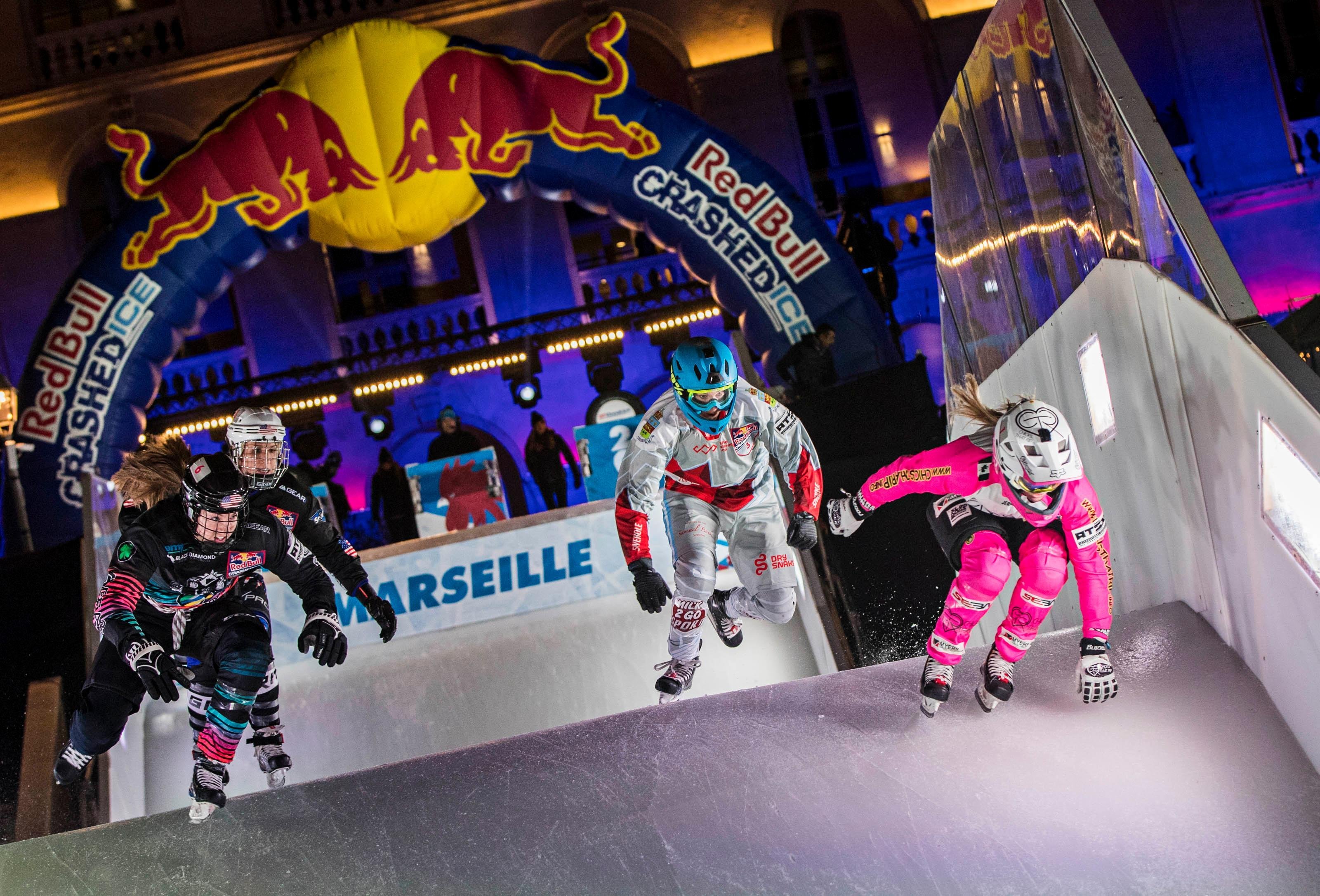 Jacqueline Legere of Canada, Amanda Trunzo of the United States, Sydney O'keefe of the United States and Myriam Trepanier of Canada compete during the finals of Women at the first stage of the ATSX Ice Cross Downhill World Championship at the Red Bull Crashed Ice in Marseille, France on January 14, 2017.