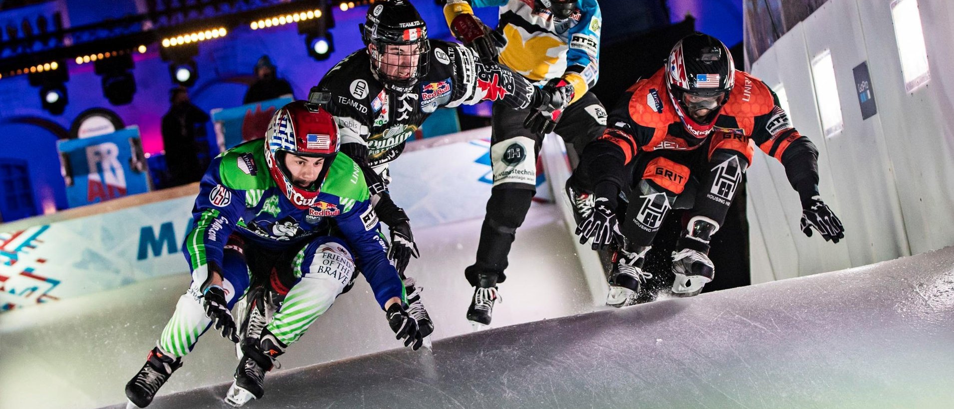 Cameron Naasz of the United States, Maxwell Dunne of the United States, Scott Croxall of Canada and Marco Dallago of Austria compete during the finals at the first stage of the ATSX Ice Cross Downhill World Championship at the Red Bull Crashed Ice in Marseille, France on January 14, 2017.