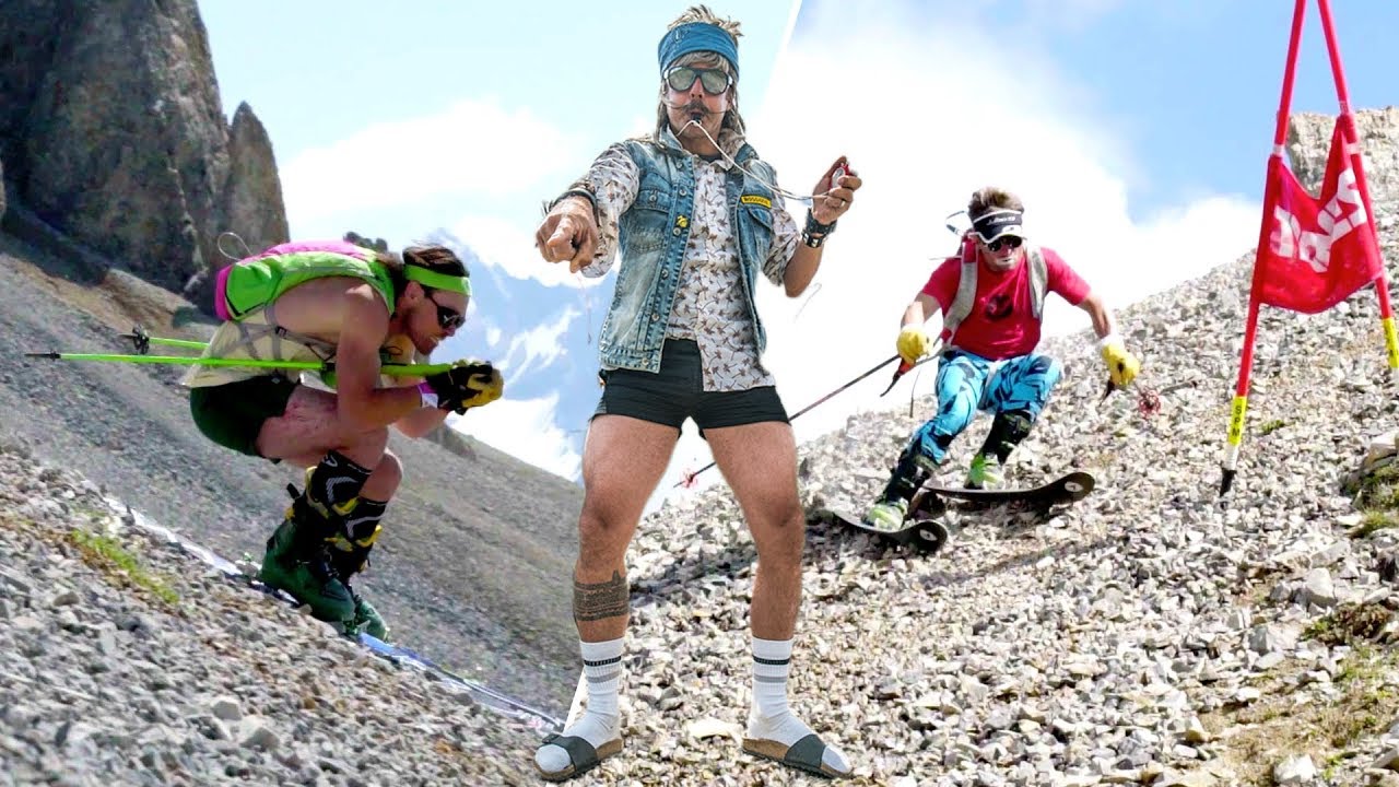 Enak Gavaggio, Mathieu Navillod et Cédric Pugin font du ski sur les cailloux