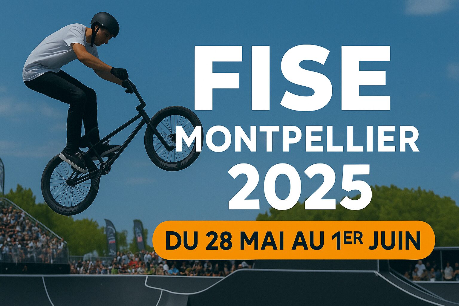 Visuel FISE Montpellier 2025 avec dates de l’événement et figure de BMX freestyle