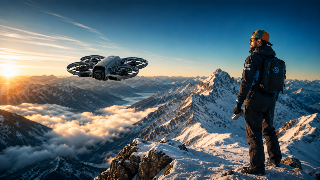 DJI Neo 2 volant au-dessus des montagnes enneigées lors d'un test outdoor réalisé par Ride And Slide.