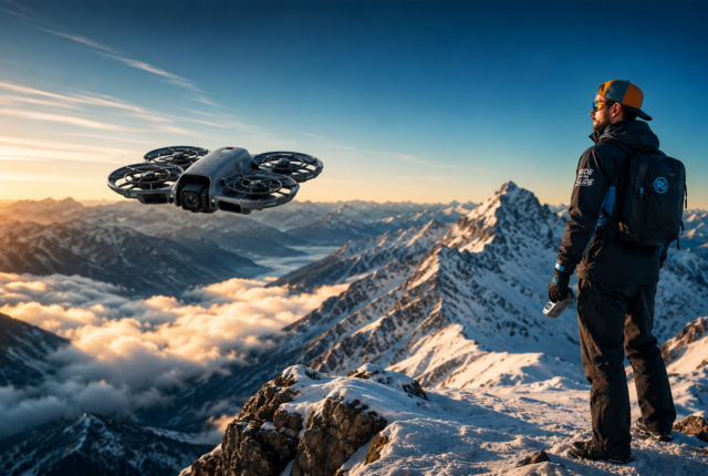 DJI Neo 2 volant au-dessus des montagnes enneigées lors d'un test outdoor réalisé par Ride And Slide.