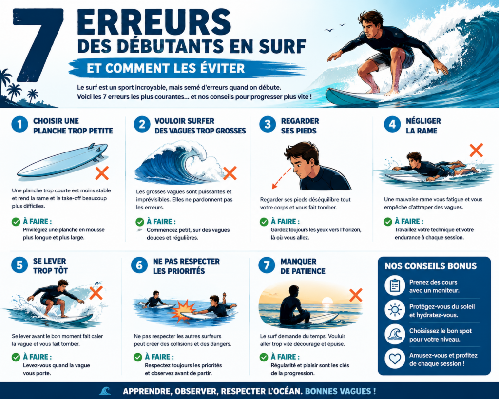 Infographie présentant les 7 erreurs les plus fréquentes des débutants en surf