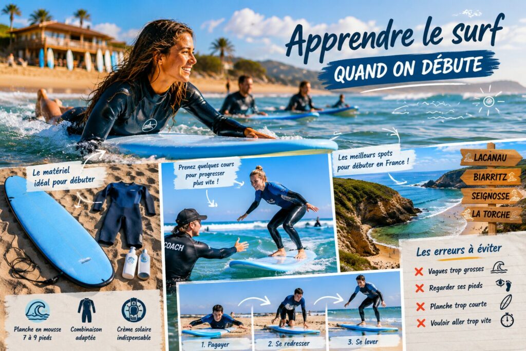 Guide pour apprendre le surf débutant en France : matériel, spots recommandés, cours de surf et erreurs à éviter.
