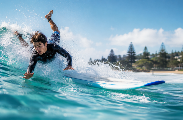 Débutant en surf tombant d'une vague après une erreur de positionnement