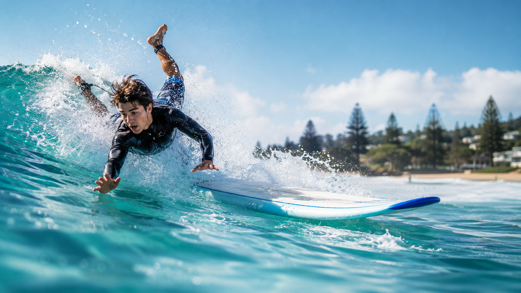 Débutant en surf tombant d'une vague après une erreur de positionnement