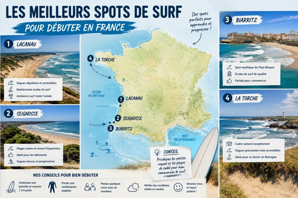 Carte des meilleurs spots de surf pour débutants en France : Lacanau, Seignosse, Biarritz et La Torche.