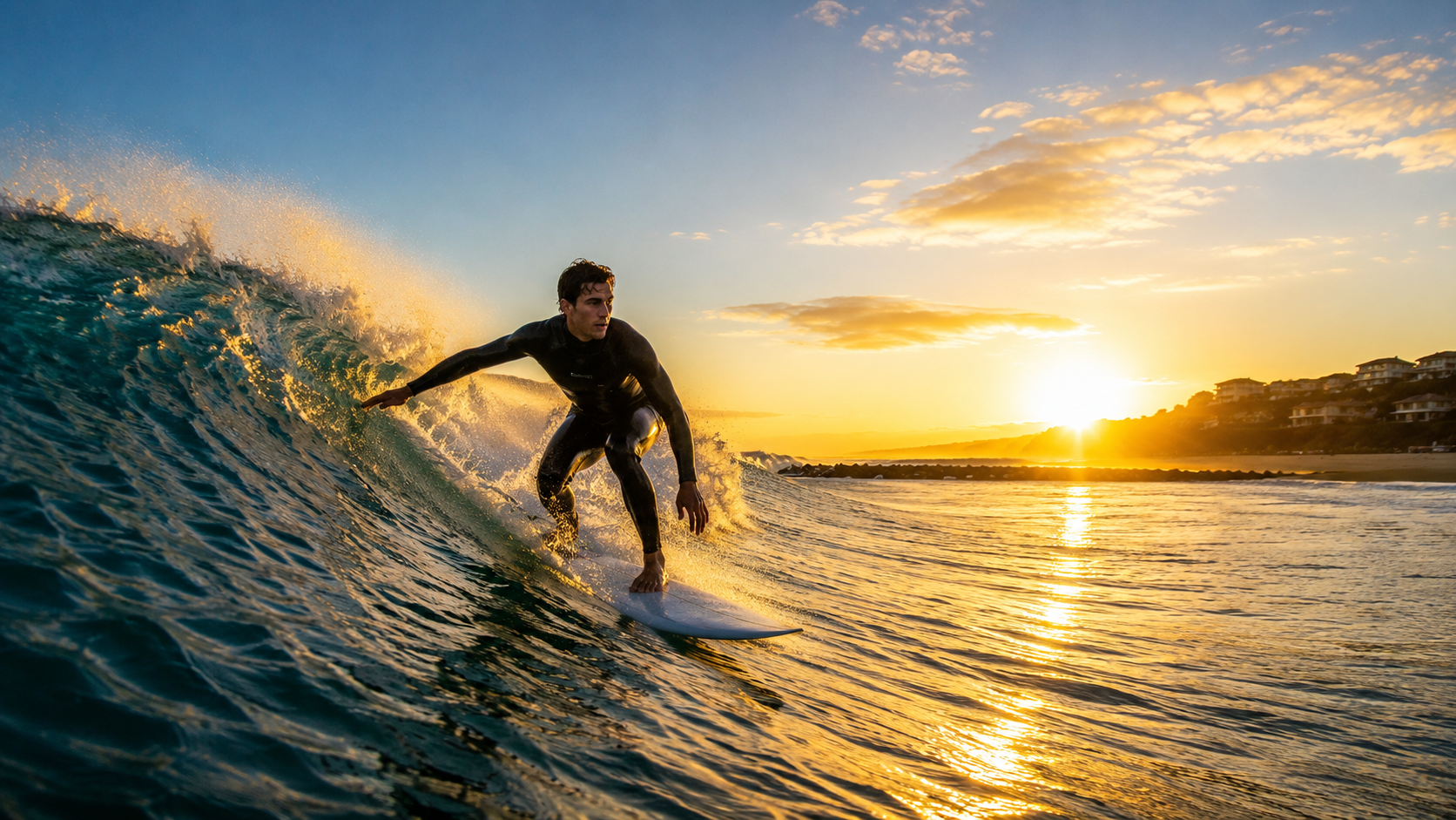 Surfeur au coucher du soleil sur un spot de surf français en été