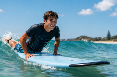 Surfeur débutant sur une planche en mousse adaptée à l'apprentissage du surf