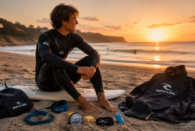 Surfeur débutant avec son matériel de surf sur une plage au coucher du soleil