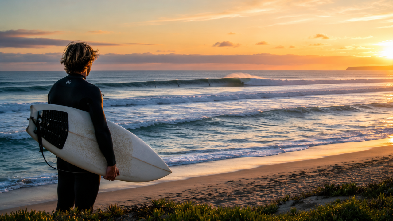 Surfeur observant les vagues depuis la plage au coucher du soleil afin d'apprendre à lire les séries et les conditions de surf.