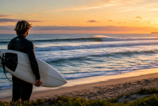 Surfeur observant les vagues depuis la plage au coucher du soleil afin d'apprendre à lire les séries et les conditions de surf.