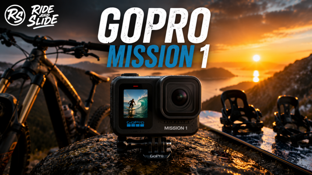 GoPro Mission 1 2026 avec VTT et snowboard au coucher du soleil - Ride And Slide