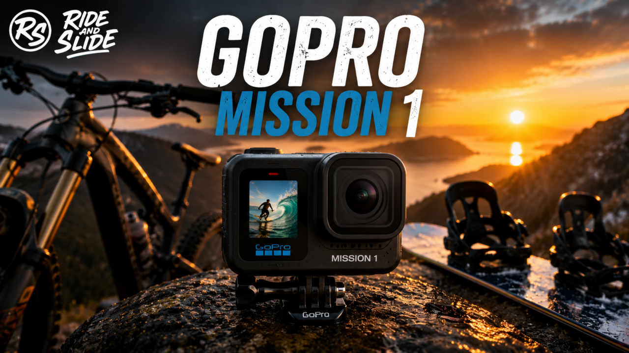 GoPro Mission 1 2026 avec VTT et snowboard au coucher du soleil - Ride And Slide