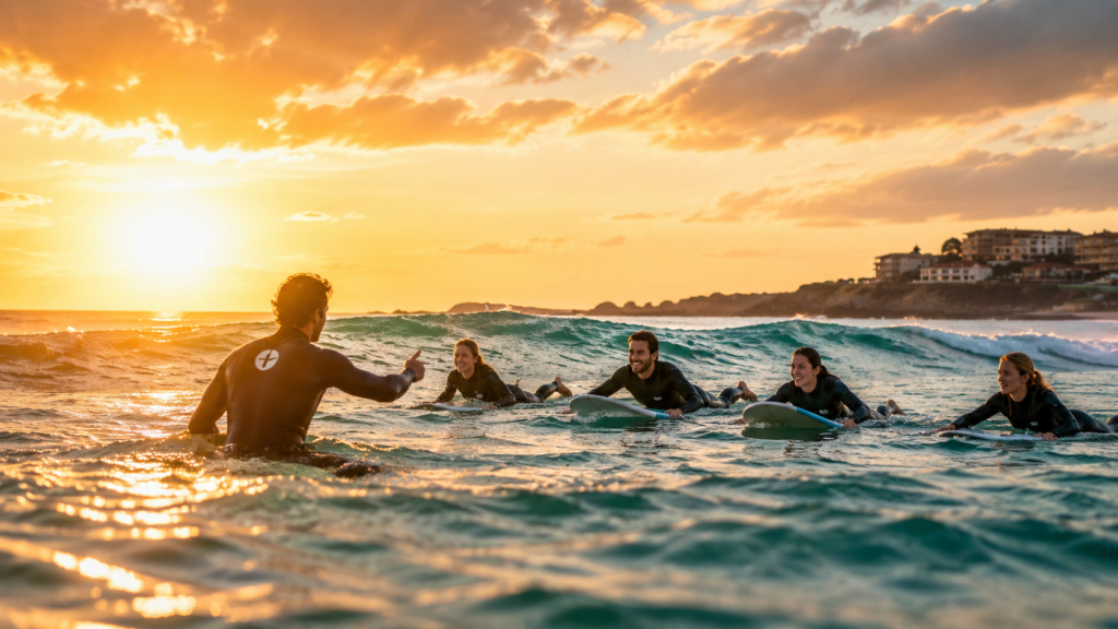 Cours de surf sur une plage française avec plusieurs adultes accompagnés d'un moniteur