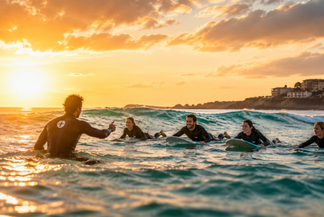 Cours de surf sur une plage française avec plusieurs adultes accompagnés d'un moniteur