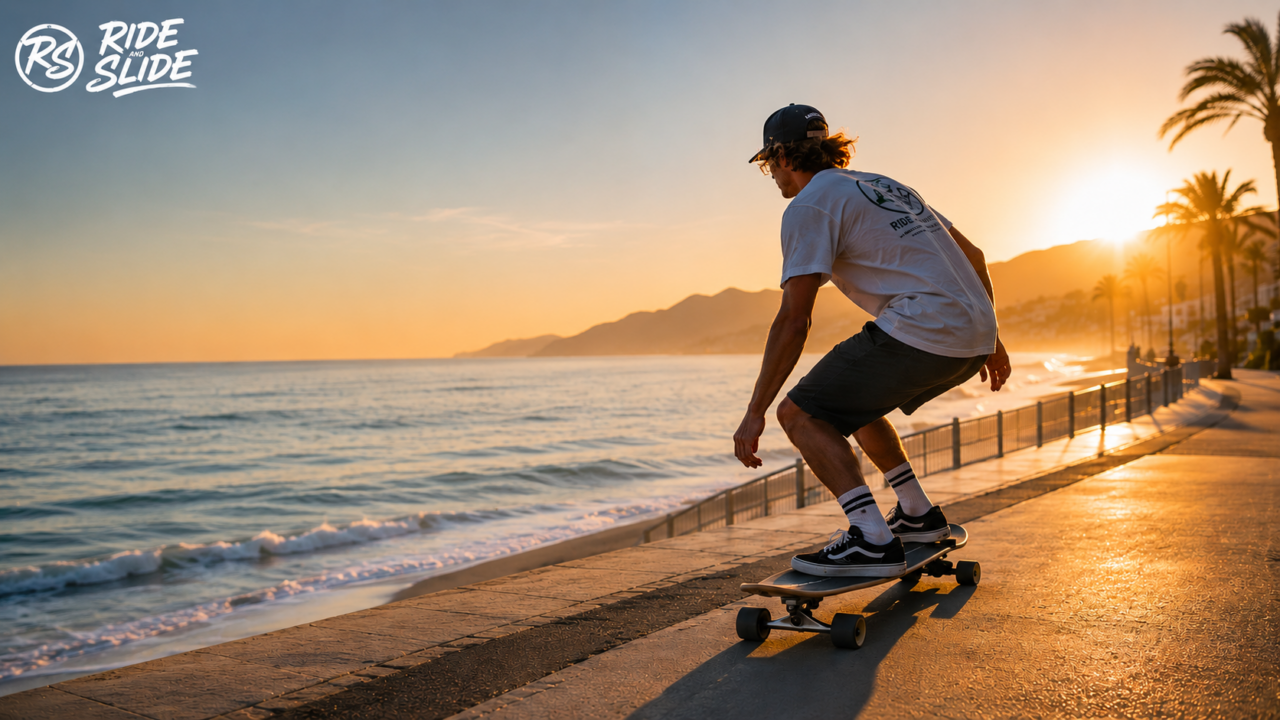 Surfeur en surfskate au coucher du soleil le long de l'océan, illustrant l'entraînement idéal pour progresser en surf en 2026.