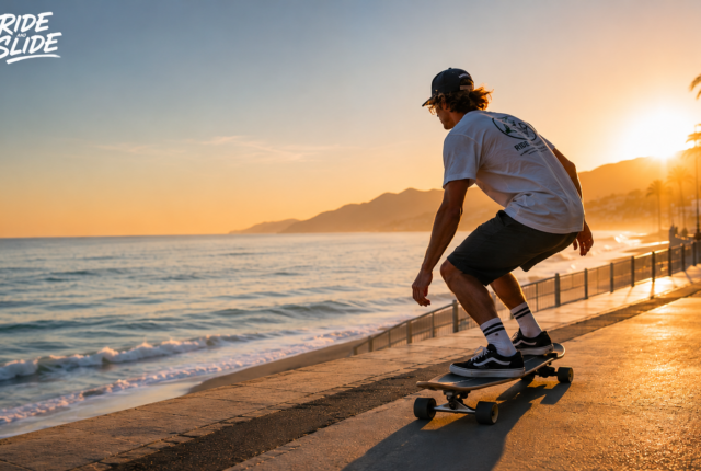 Surfeur en surfskate au coucher du soleil le long de l'océan, illustrant l'entraînement idéal pour progresser en surf en 2026.