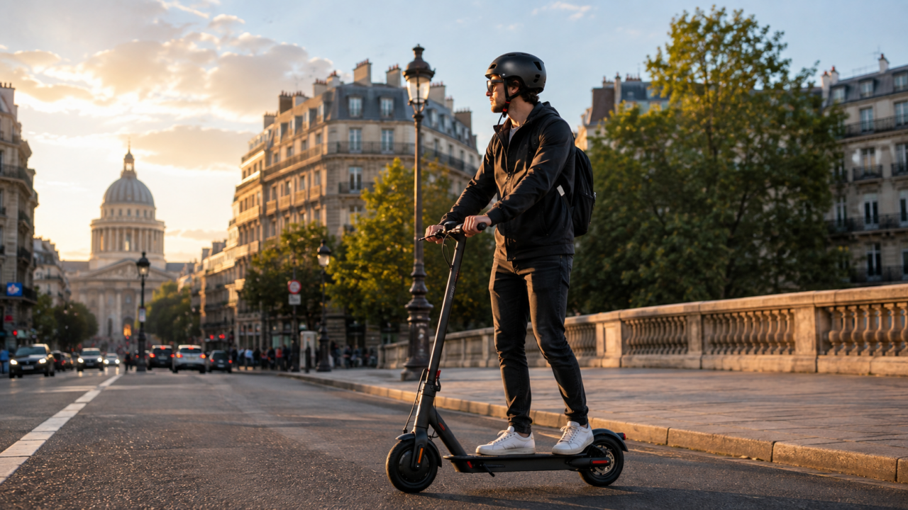 Utilisateur en trottinette électrique portant un casque dans les rues de Paris en 2026.