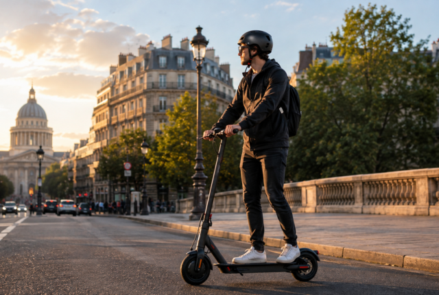 Utilisateur en trottinette électrique portant un casque dans les rues de Paris en 2026.