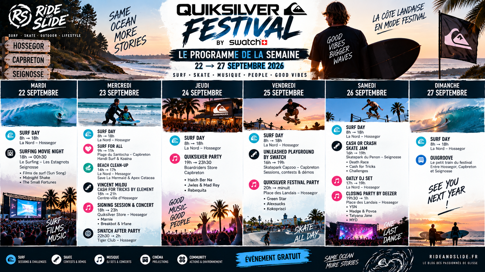 Programme du Quiksilver Festival 2026 du 22 au 27 septembre à Hossegor, Capbreton et Seignosse.