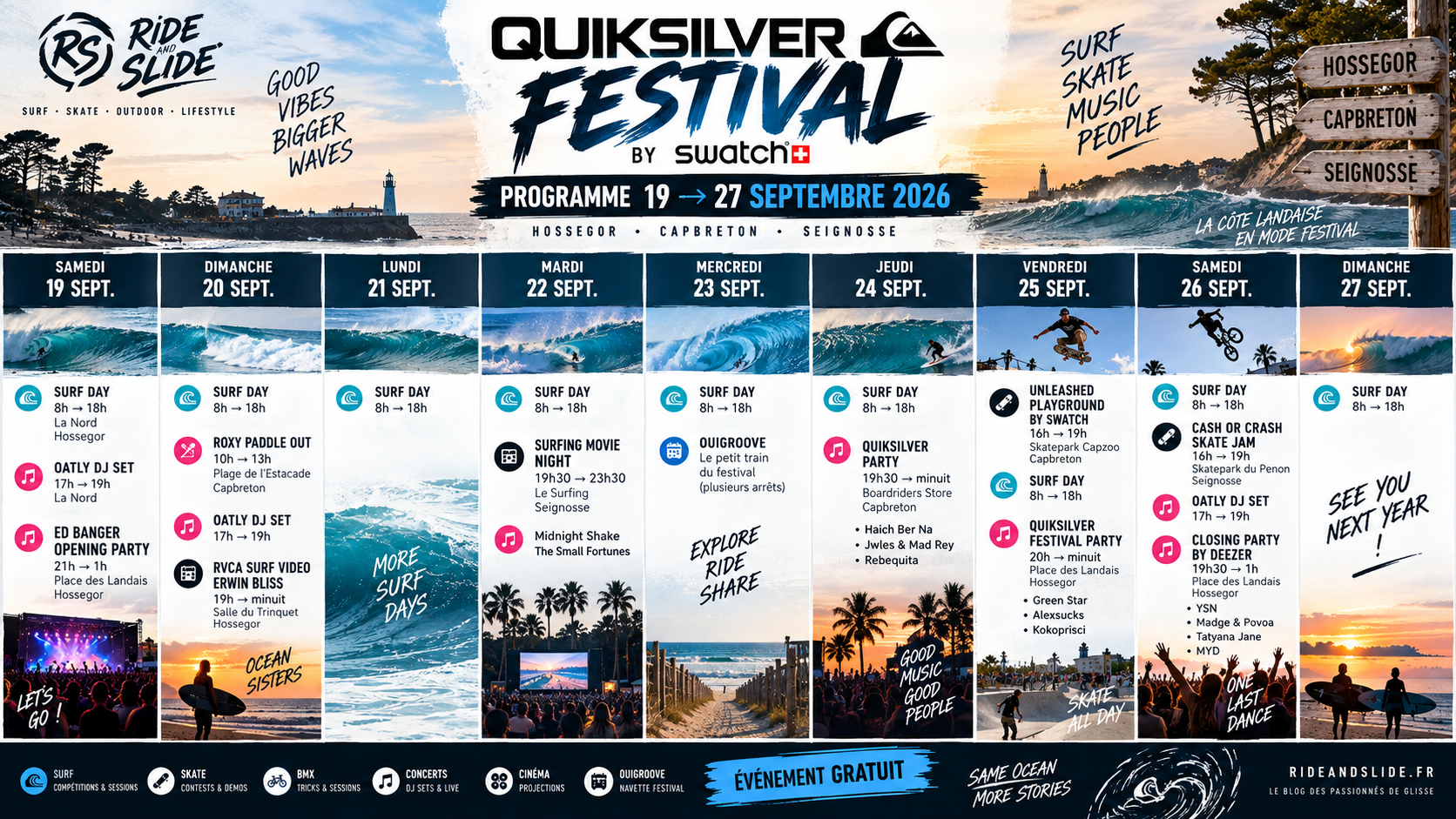 Programme du Quiksilver Festival 2026 du 19 au 27 septembre à Hossegor, Capbreton et Seignosse.
